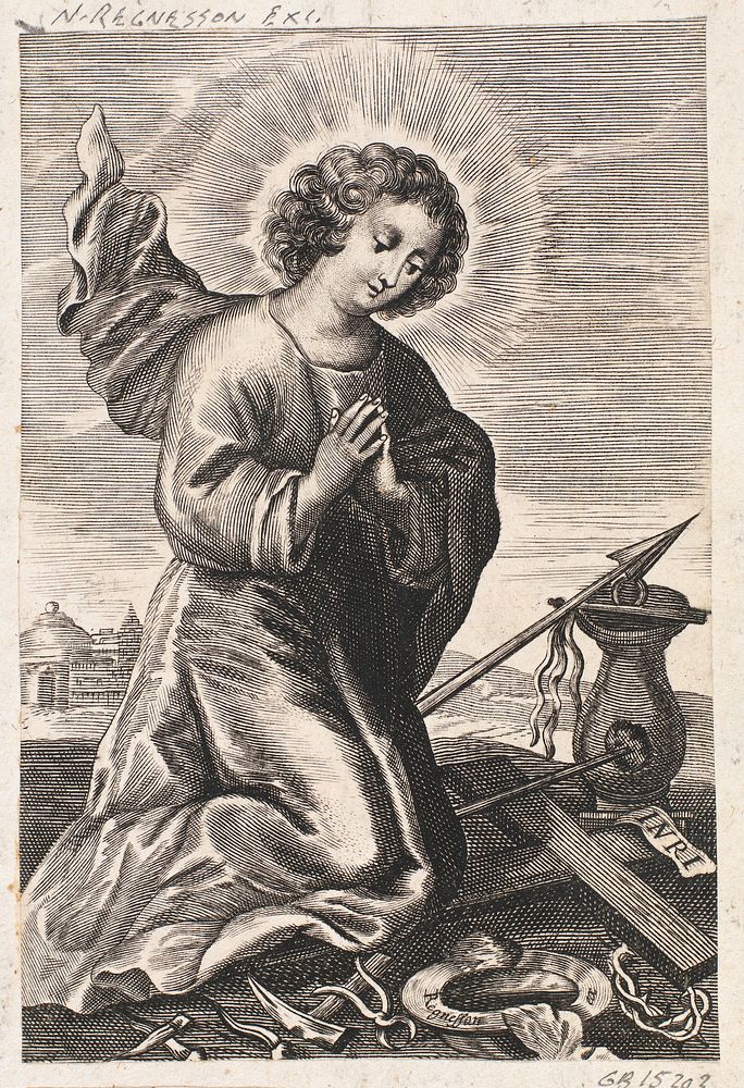 Child Jesus kneeling before the passion instruments by Nicolas Regnesson