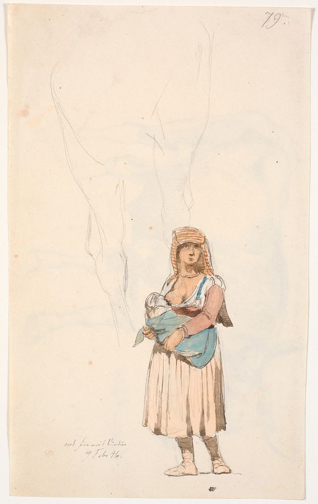 Italian woman with her nursing child, at top pencil study of - presumably - horse leg by Johan Thomas Lundbye