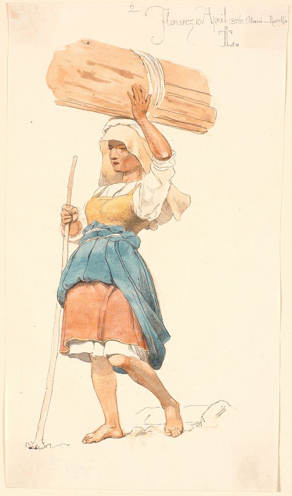 Bare-legged peasant girl with a bundle of firewood on her head by Johan Thomas Lundbye