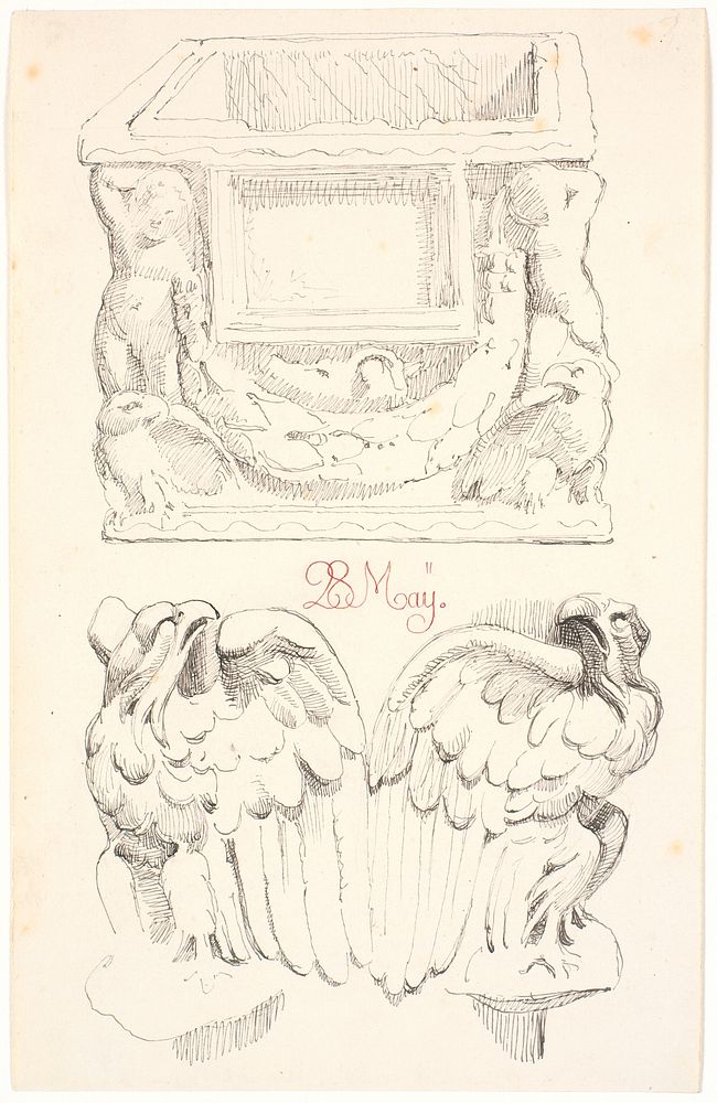 Study of a Roman ashtray.Below study of the two eagles from the corners of the same coffin by Johan Thomas Lundbye