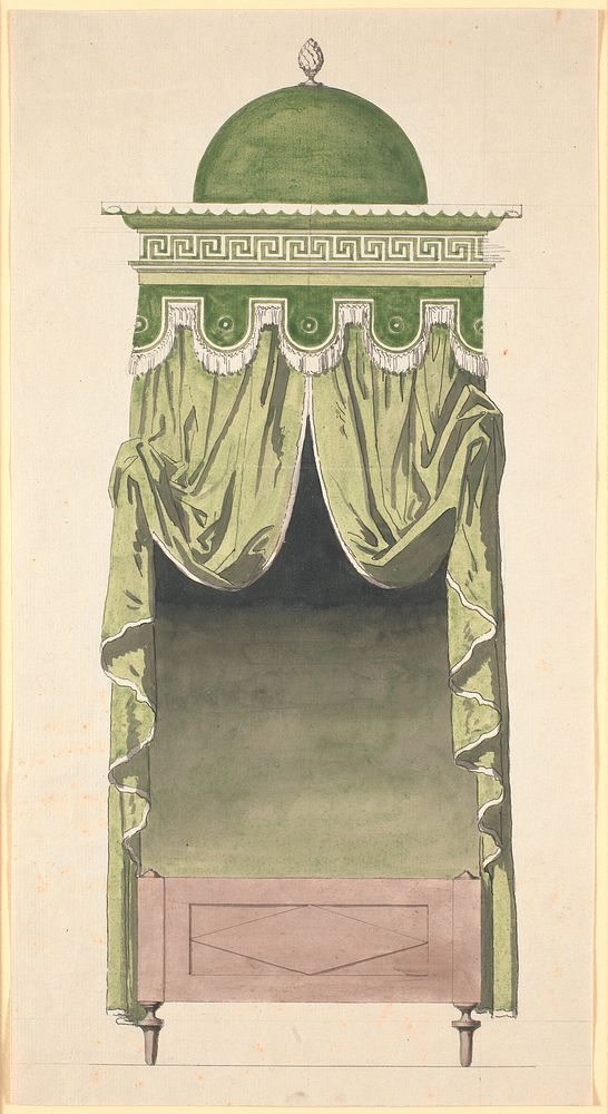 A bed with a very high canopy of green draperies by Nicolai Abildgaard
