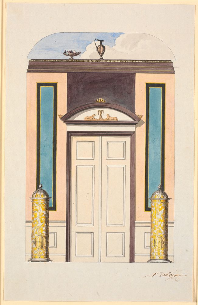 Wall decoration in the blue cabinet with door section by Nicolai Abildgaard