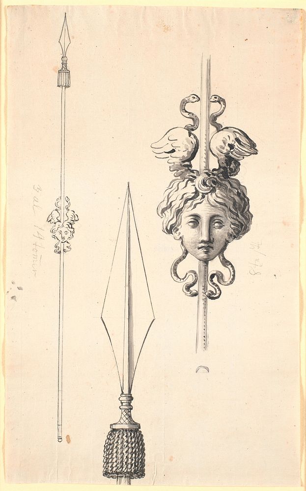 Parts of a spear, in the center decorated with a medusa head with snakes by Nicolai Abildgaard
