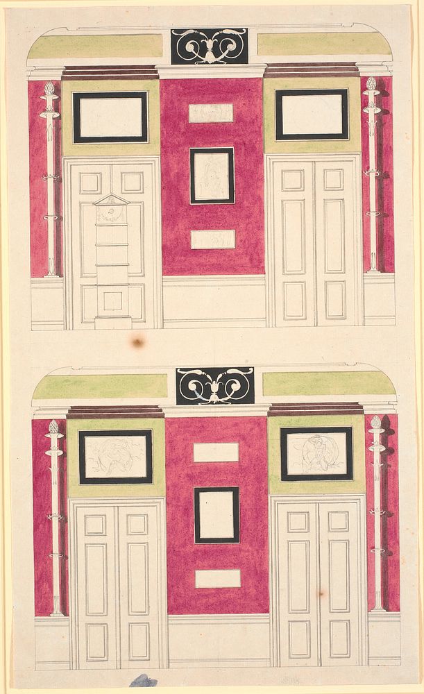 Red walls with candelabra motifs. Draft for two wall decorations by Nicolai Abildgaard