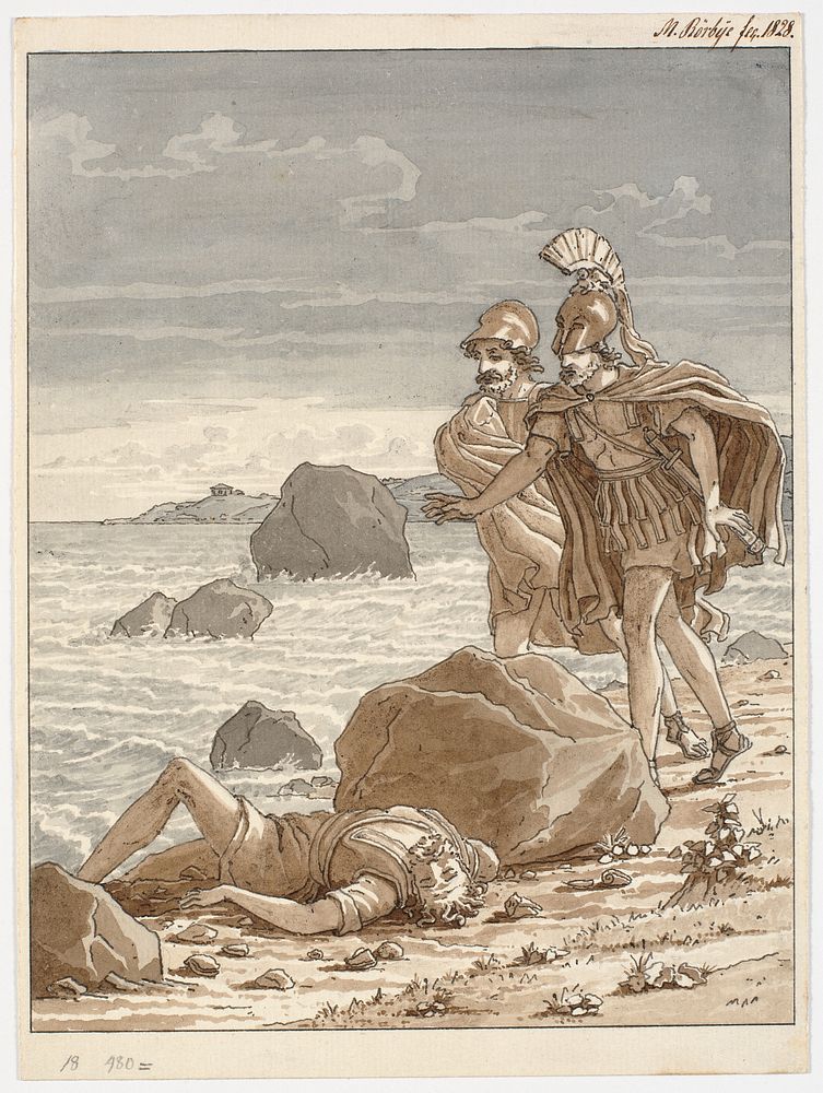 Two warriors find a man washed up on the beach by Martinus Rørbye