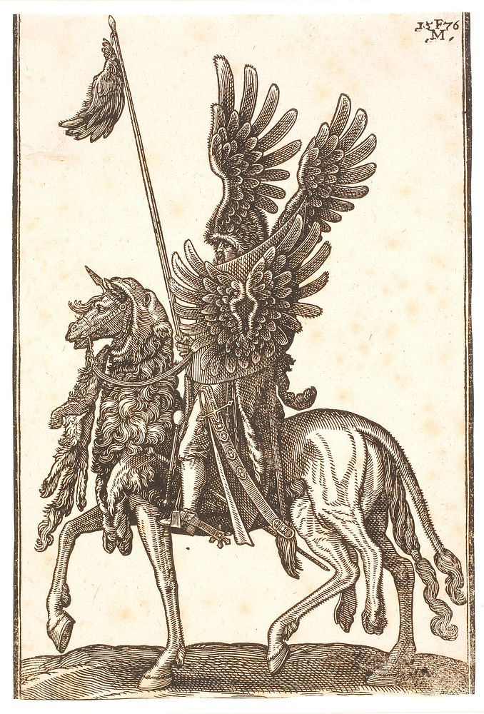 Mounted, richly equipped soldier (Deli?), profile to left;sword and club at side, eagle's wings on helmet, shield and…