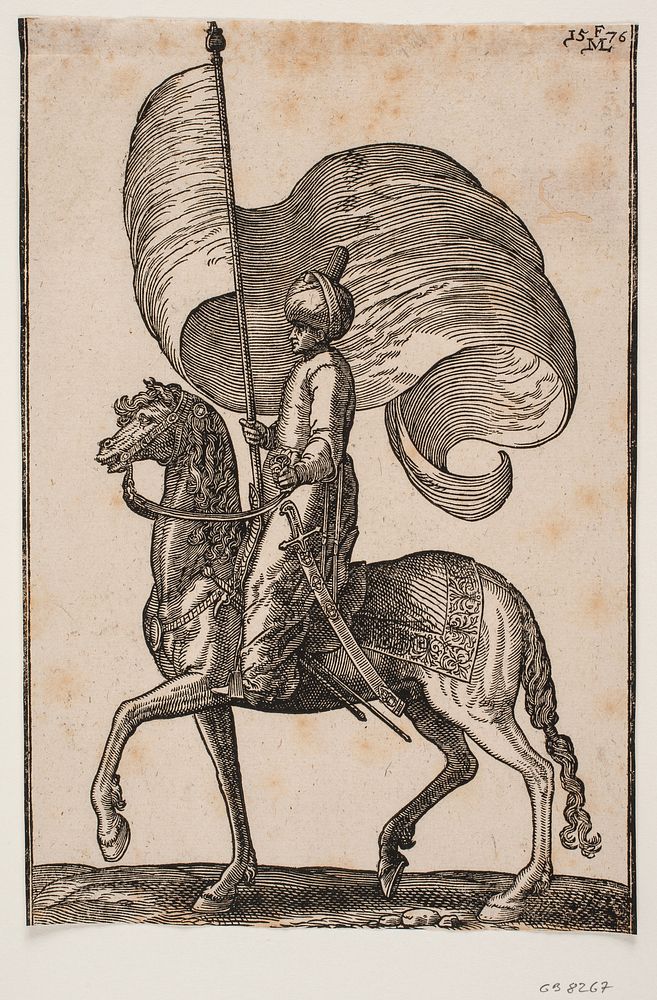 Mounted standard bearer, profile to v.;he carries a sword at his v. side by Melchior Lorck