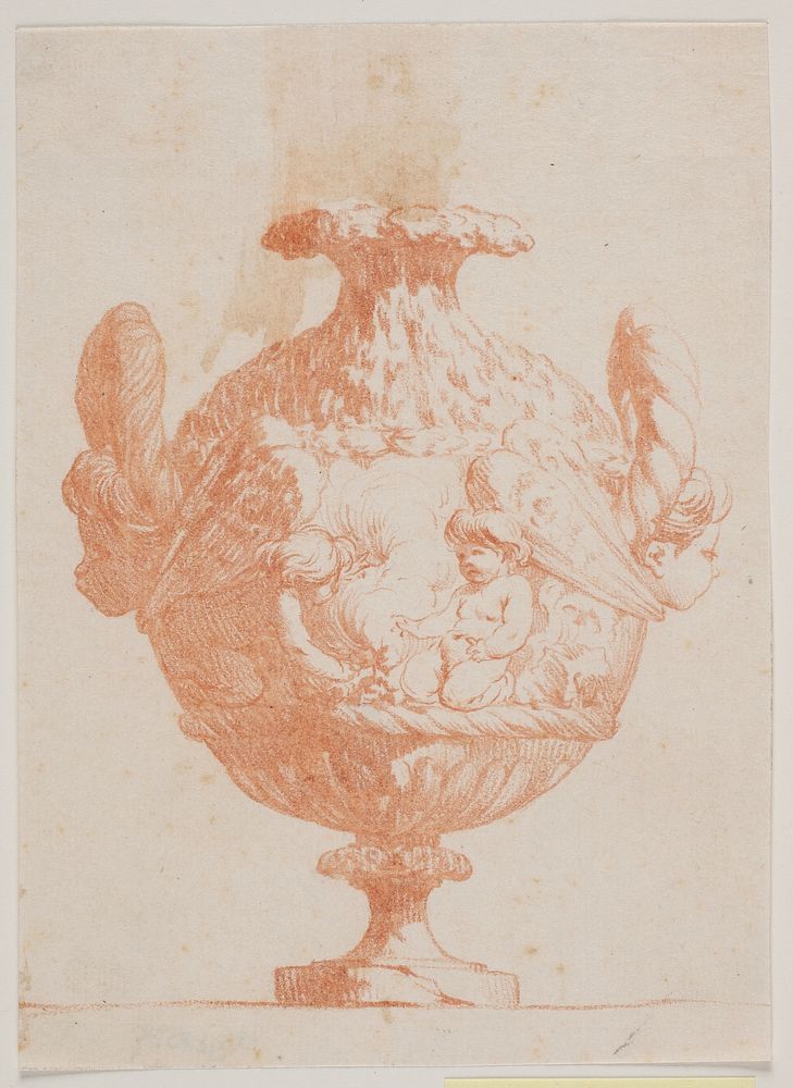 Decorative vase with two heads and two putti.Copy according to pl.19 in the suite of vases designed by Saly in 1746."Vasa a…