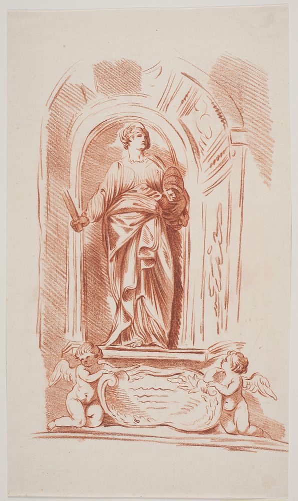 Allegorical female figure in robes with key, tiara and staff (?).Standing in a niche.Below, two angel children and a shield…