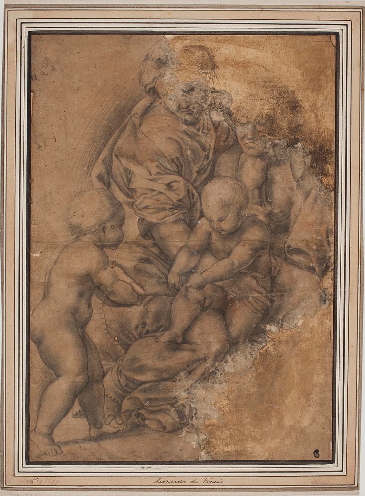 The Holy Family with John the Baptist as an infant.After Giulio Romano's "Madonna della Gatta" by Giulio Romano