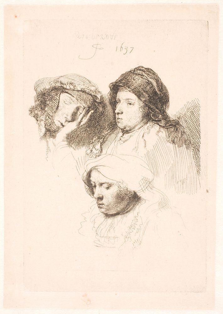 Study sheet with three female heads by Rembrandt van Rijn