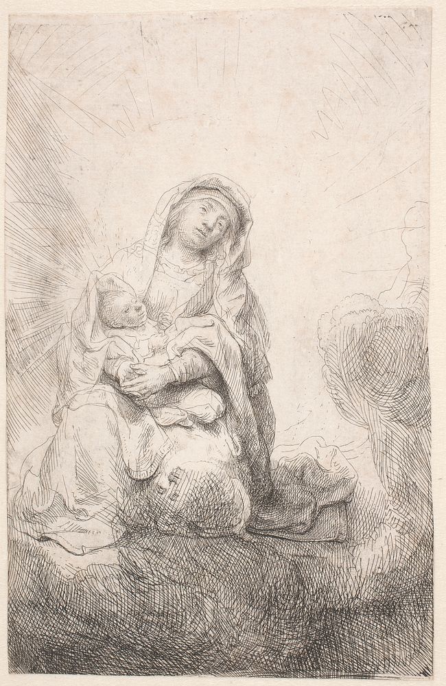 Virgin Mary with the Christ Child in the clouds by Rembrandt van Rijn