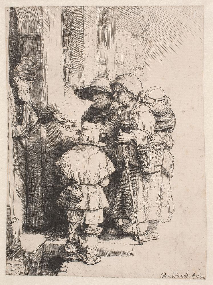 Beggars getting alms at a door by Rembrandt van Rijn