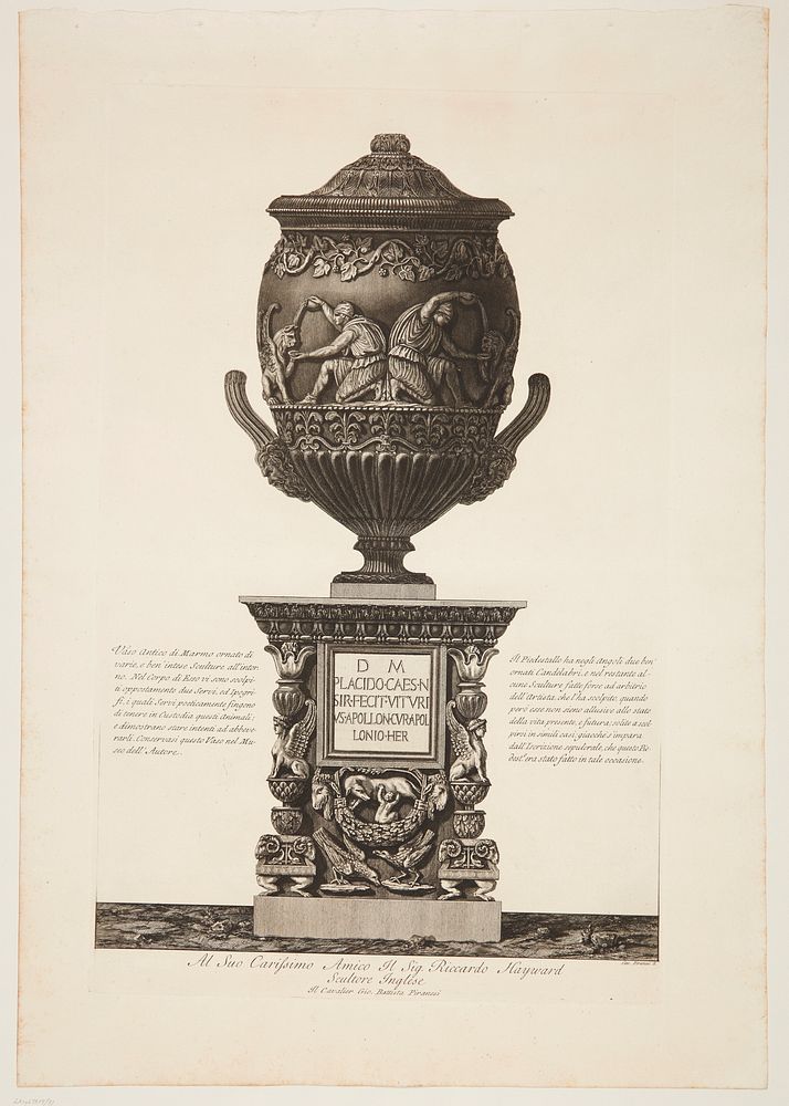 Marble vase ornamented with frieze of slaves and griffons by Giovanni Battista Piranesi