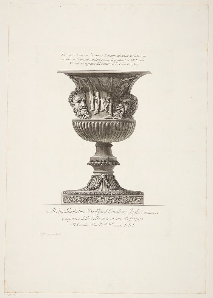 Marble vase decorated with four masks representing the Four Seasons and Ages of Man by Giovanni Battista Piranesi