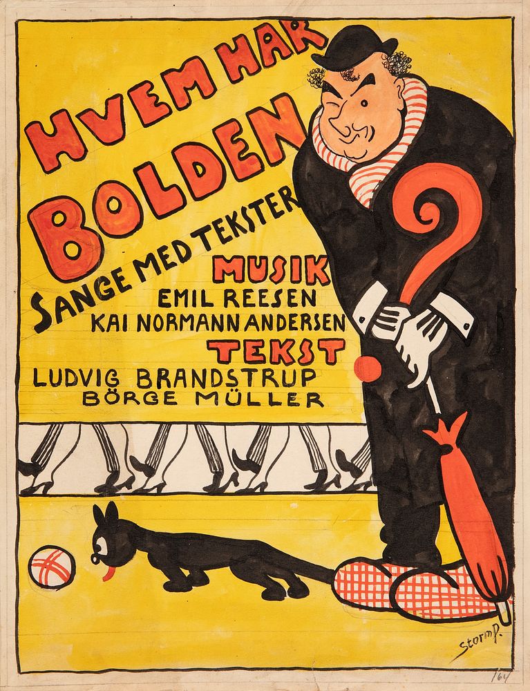 Layout for title page for "Hvem har Bolden".Caricatured portrait of Carl Alstrup by Robert Storm Petersen