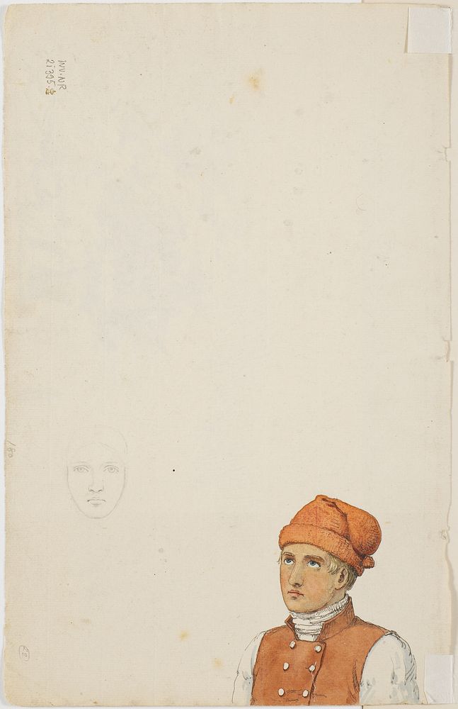 Bust of a young peasant with a red cap and red waistcoat and a pencil sketch of a woman's head en face. by P. C. Skovgaard