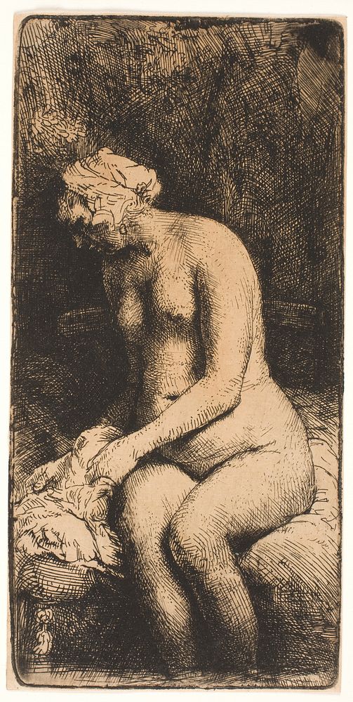 Woman bathing her feet at a brook by Rembrandt van Rijn