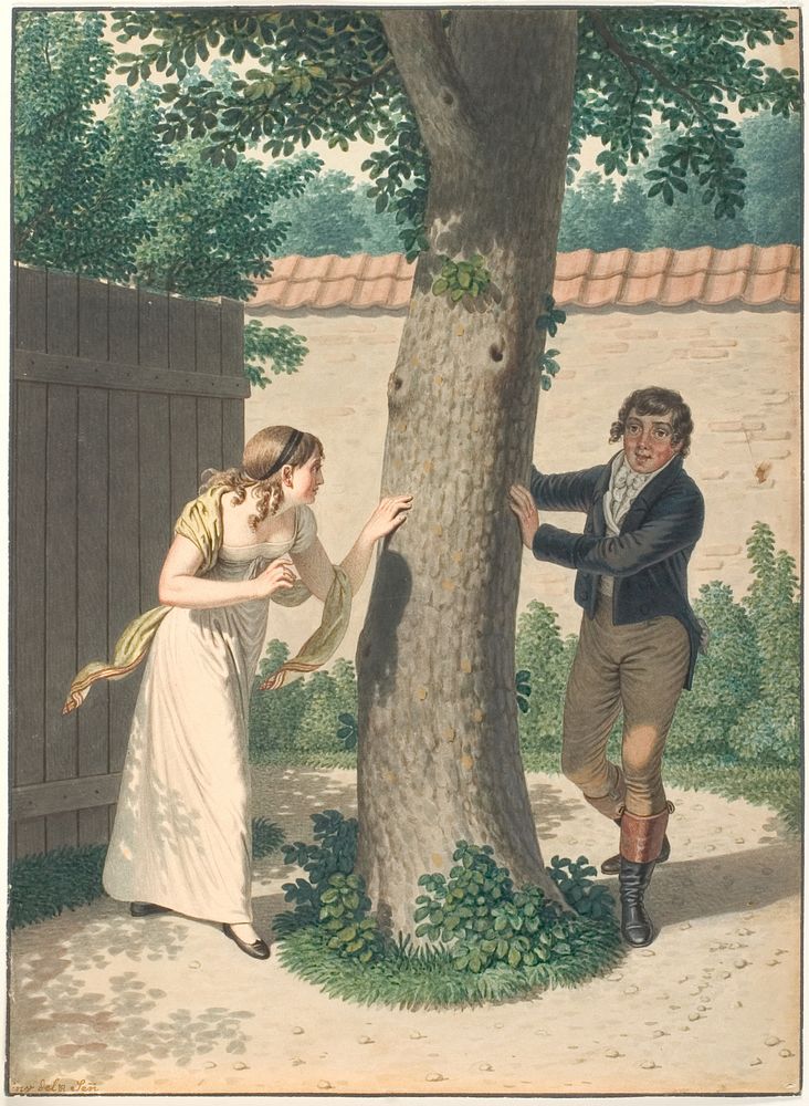 Young man and girl playing hide and seek by Johannes Senn