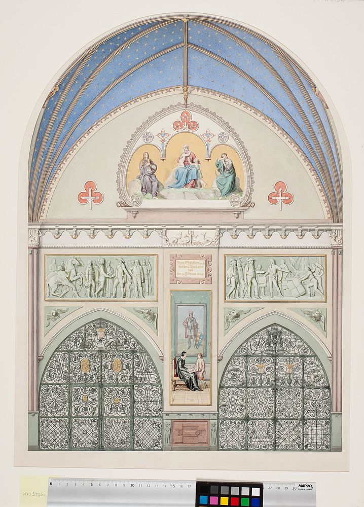 Draft for the decoration of the vault in Christian IV's chapel in Roskilde Cathedral.In the middle, Christian IV as a…