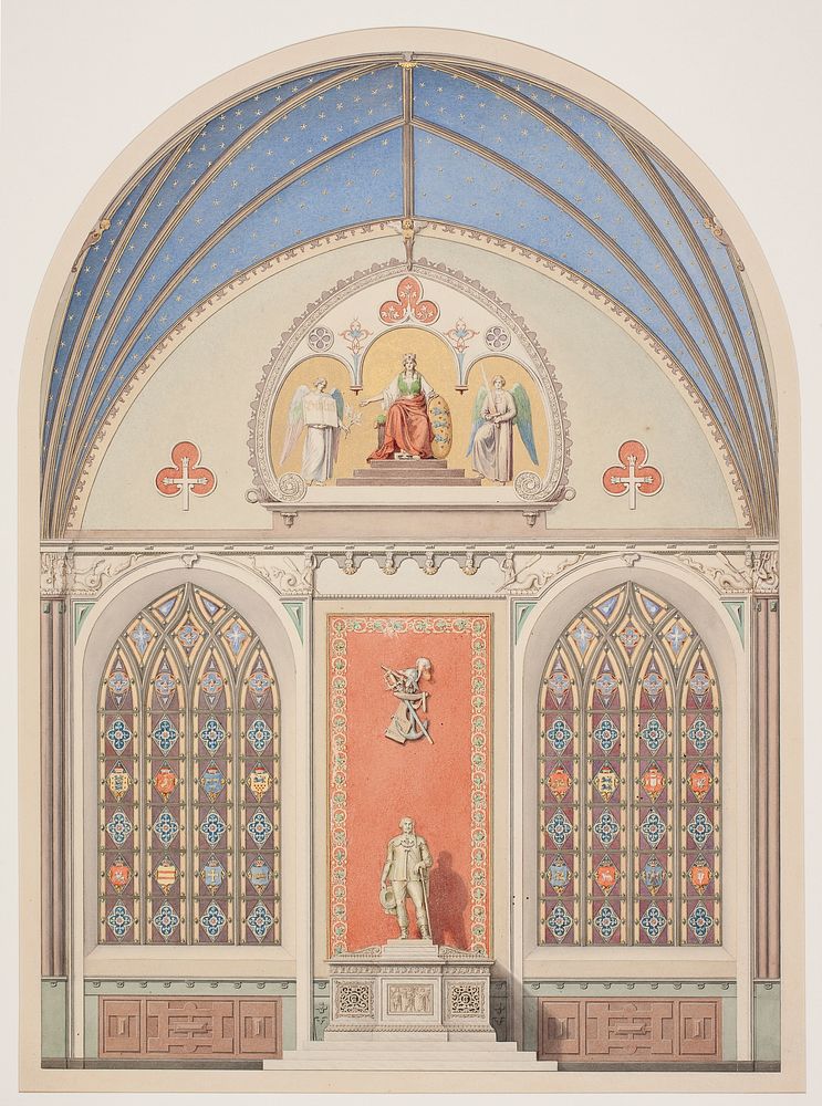 Draft for the decoration of the vault in Christian IV's chapel in Roskilde Cathedral.Decoration in the middle with a statue…