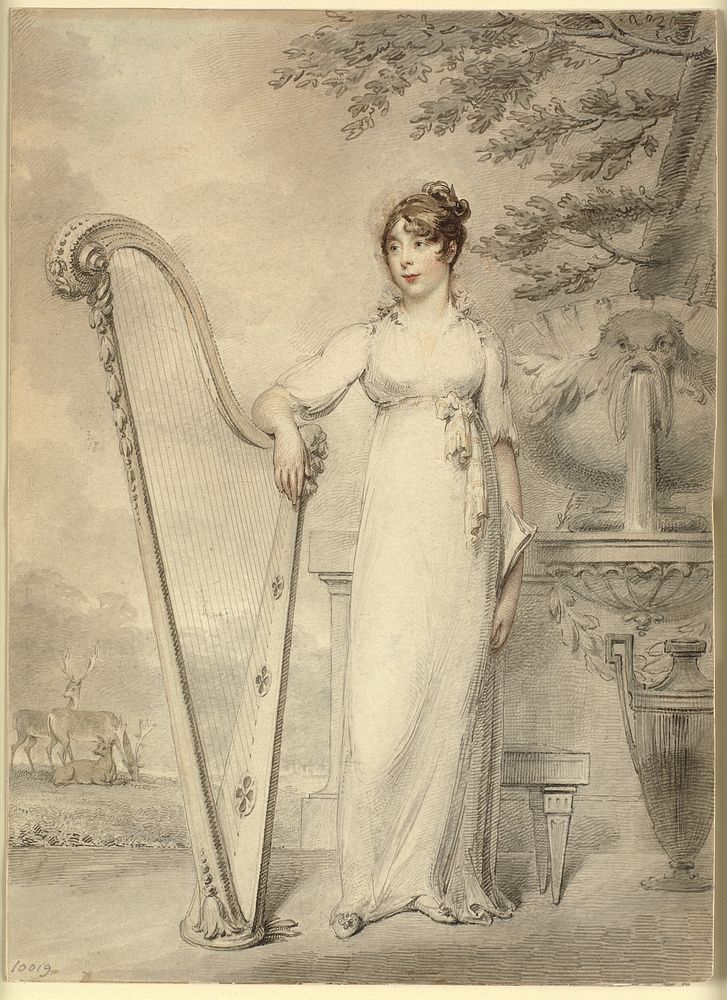 Full-length portrait of Miss.V. Dupuis, resting his arm on a harp by Henry Edridge