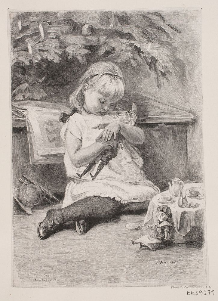 A little girl playing under a Christmas tree by Bertha Wegmann