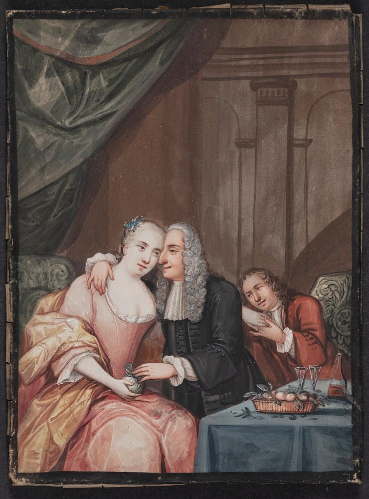 Conversation piece; An elderly gentleman in black clothing with a long wig puts his arm lovingly around a young girl's neck…