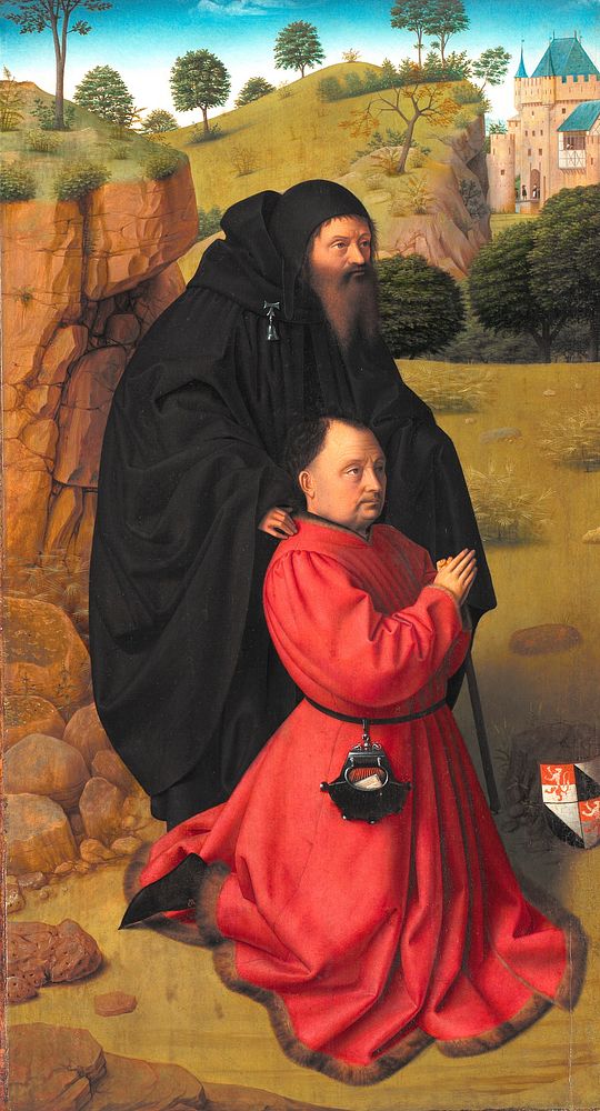 Altar Panel with a Portrait of a Donor in Scarlet under the Protection of St Anthony by Petrus I Christus