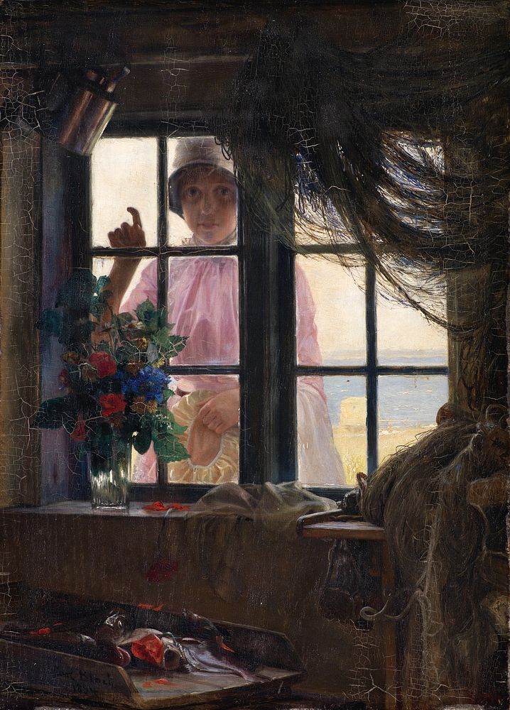 During bath time. A young girl knocks on the window of a fisherman's house by Carl Bloch