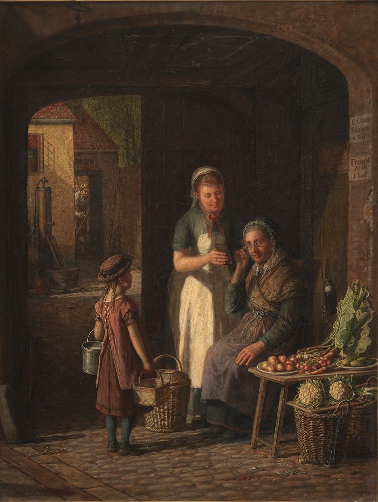 A maid shows her lover's portrait to a greengrocer by David Monies