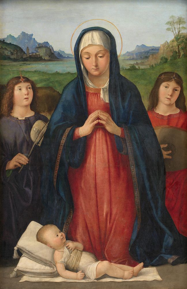 The Christ Child is worshiped by the Virgin Mary, who is kneeling between two angels playing music by Antonio Solario