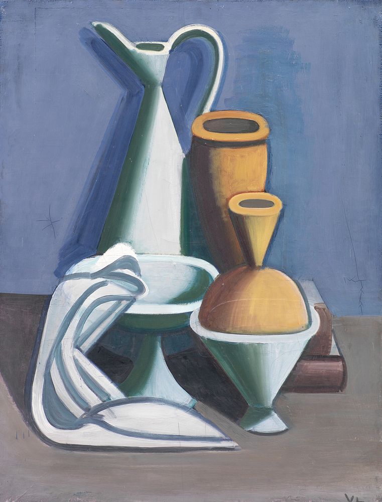 Arrangement with watering can, towel and jars by Vilhelm Lundstrøm