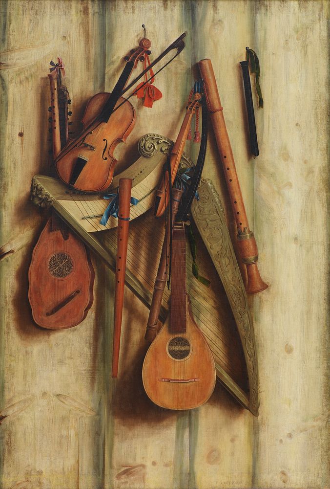 Board wall with musical instruments.Trompe l'oeil by Franciscus Gijsbrechts