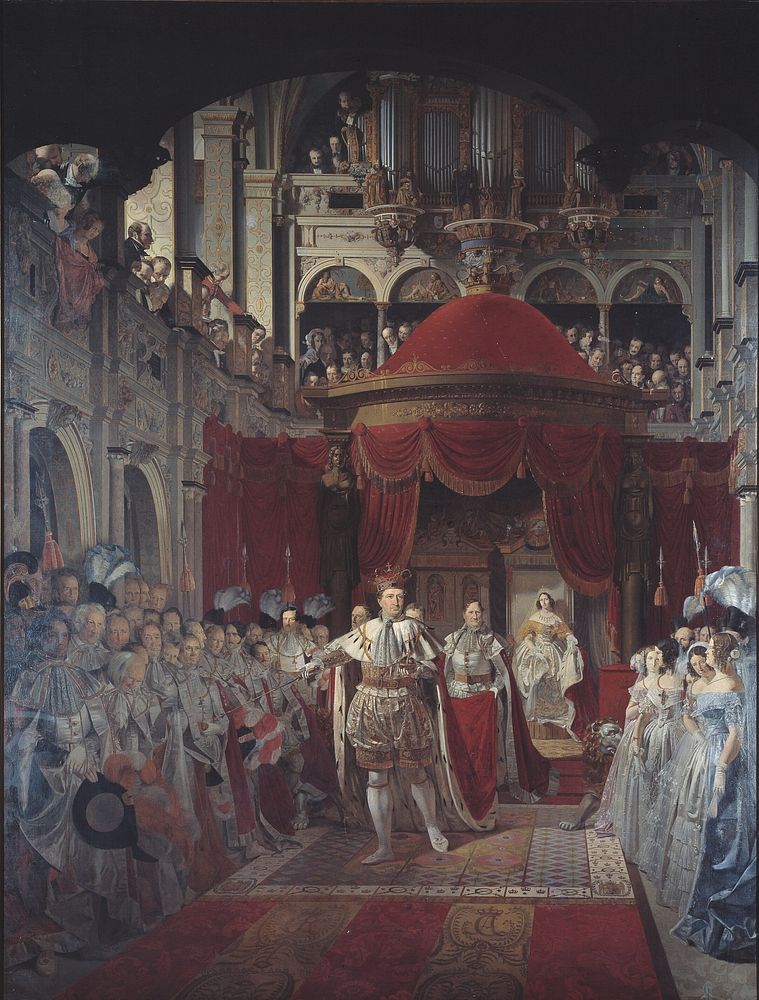 Christian VIII and Caroline Amalie's anointing in Frederiksborg Palace Church on 28 June 1840 by Sophus Schack