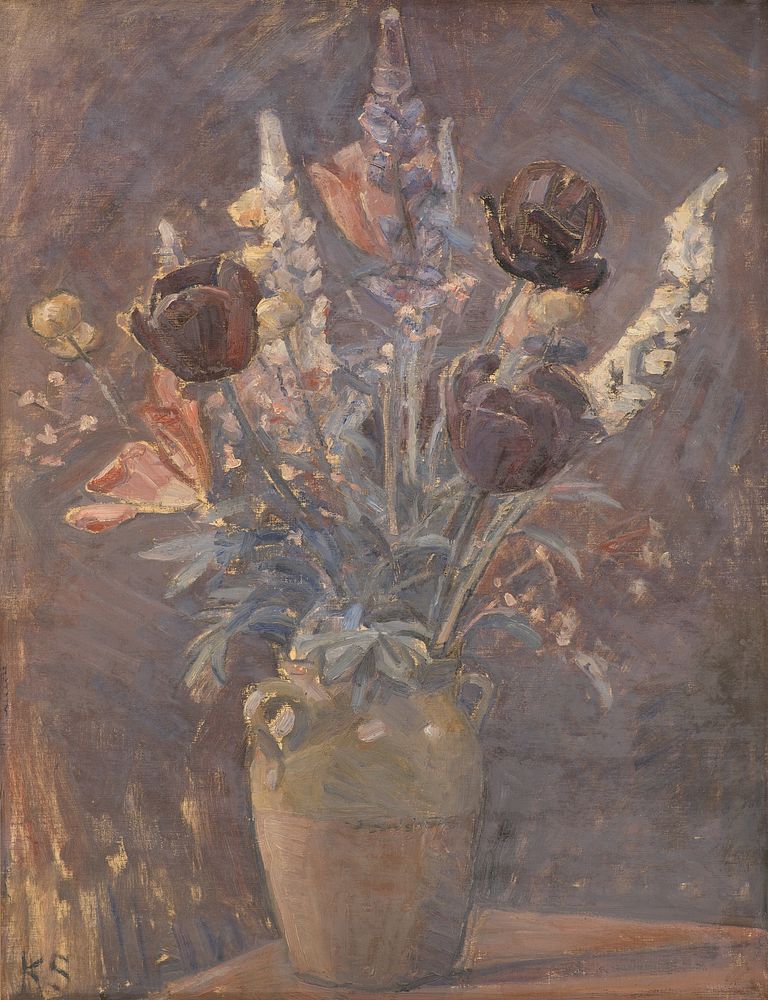 Clay vase with tulips and other flowers by Karl Schou