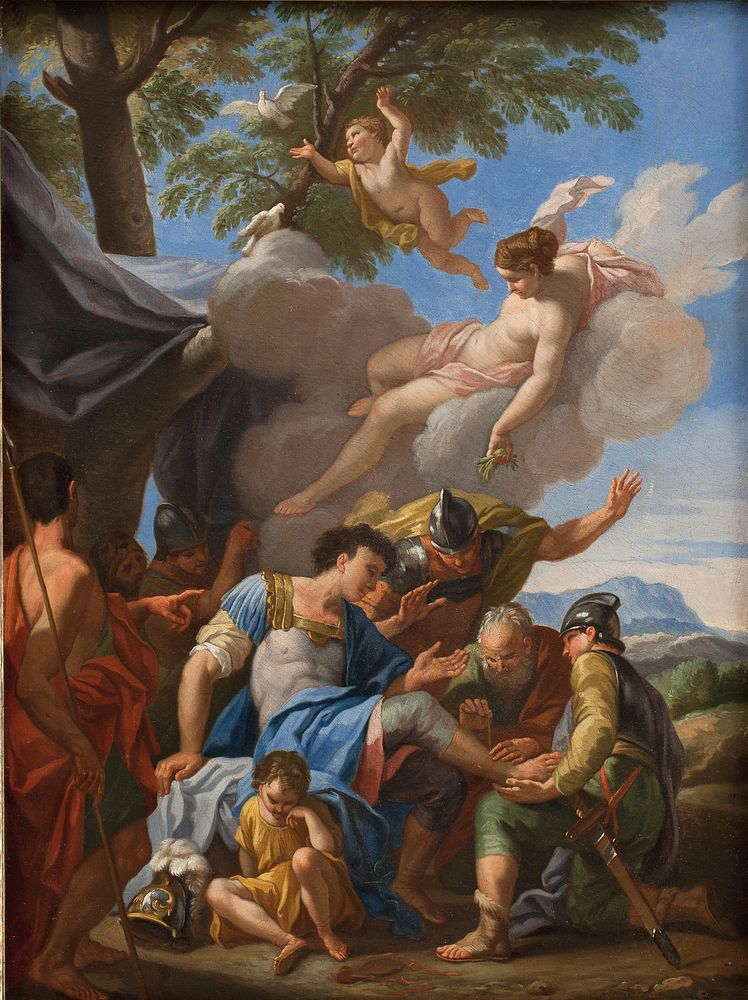 Venus brings healing herbs to the wounded Aeneas by Hendrik Krock