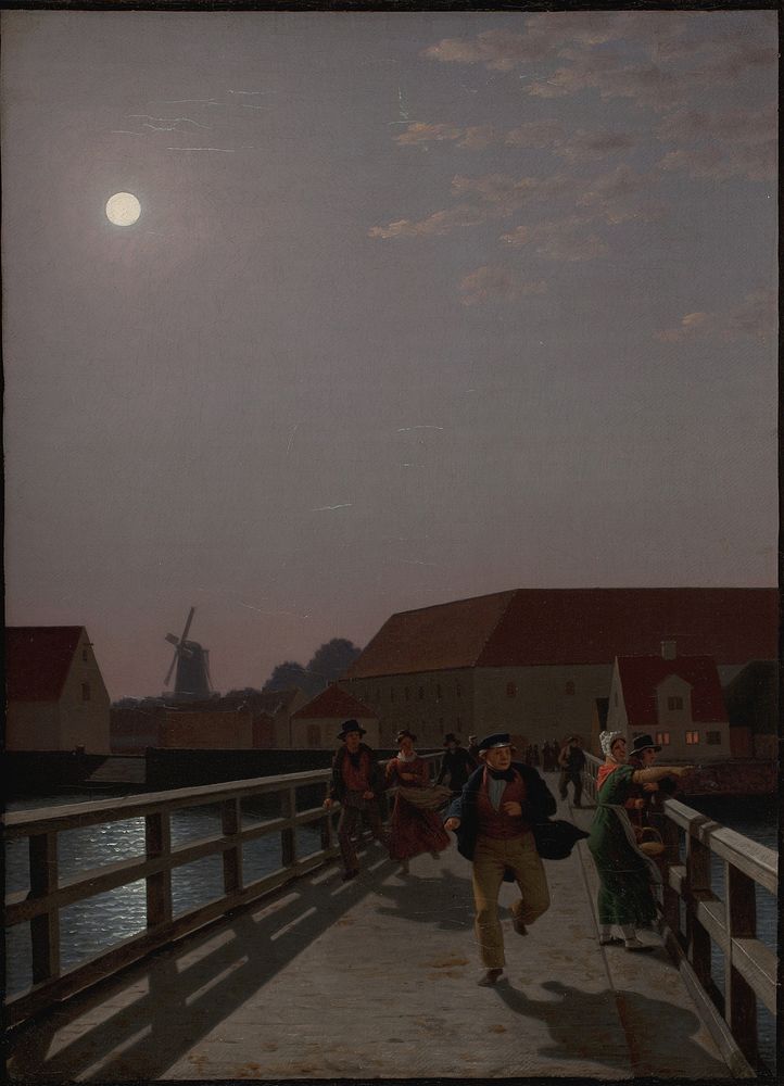 Langebro, Copenhagen, in the Moonlight with Running Figures by C.W. Eckersberg