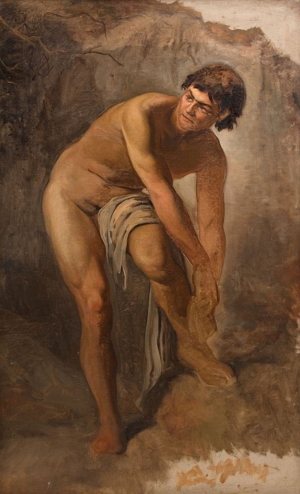 Young Italian male figure in a rocky landscape by L. A. Schou