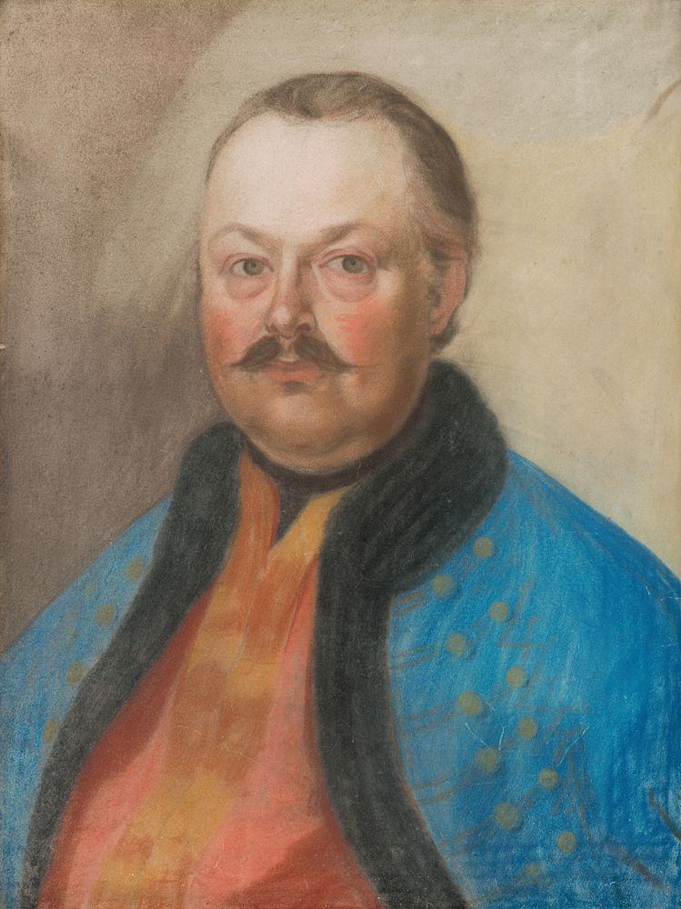 Portrait of a zeman with mustache in a blue fur coat