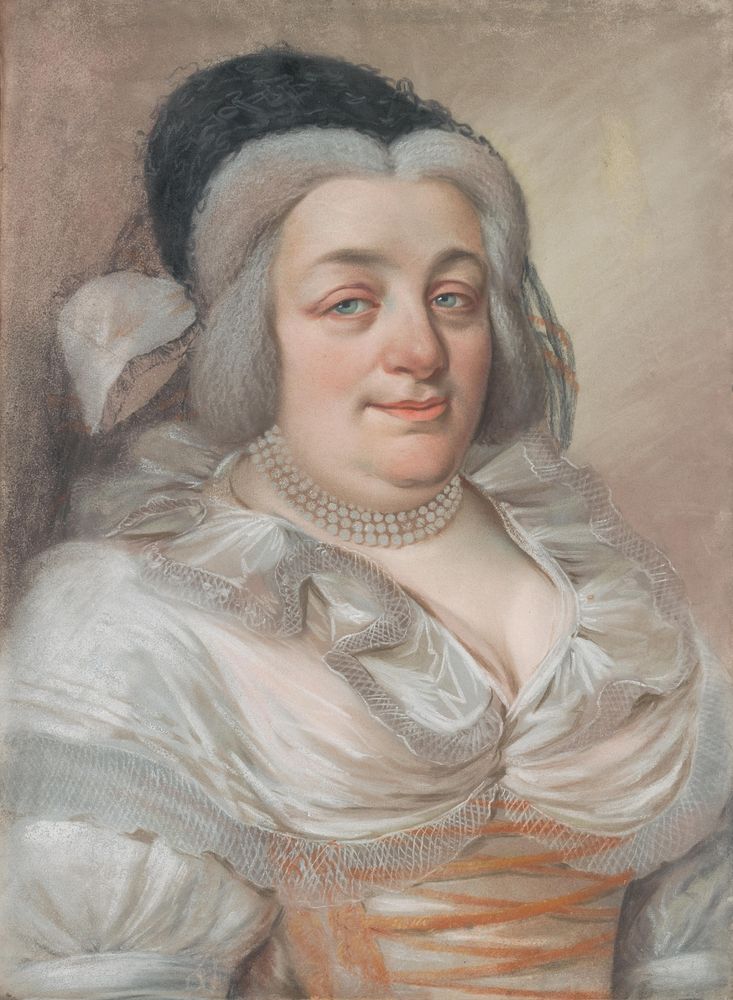 Portrait of a zemianka in a white silk and a knitted hat with a ribbon