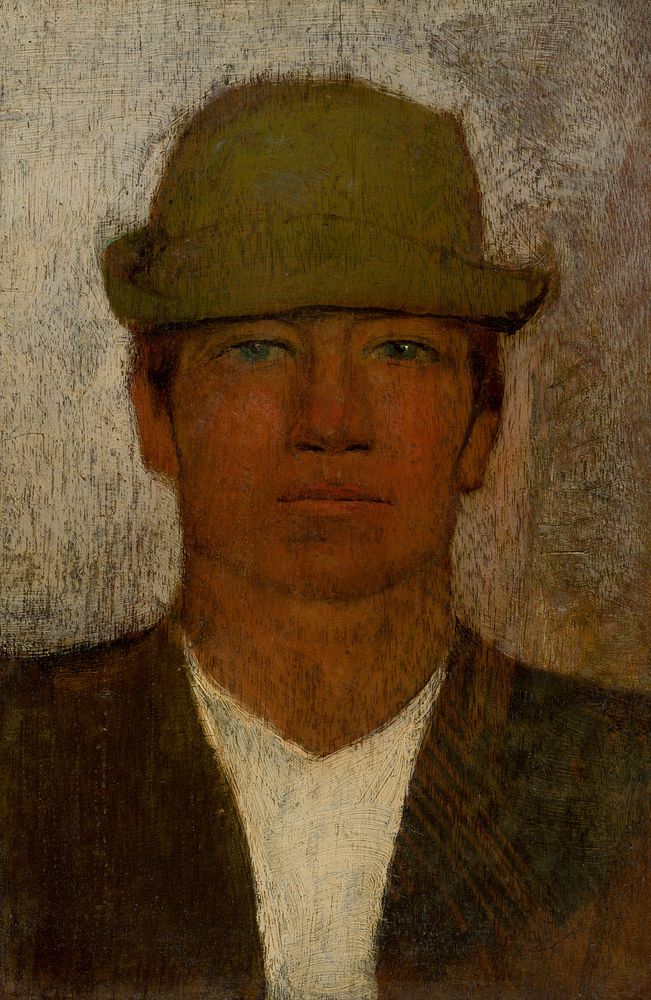 Head of young man in a green hat by Ladislav Mednyánszky