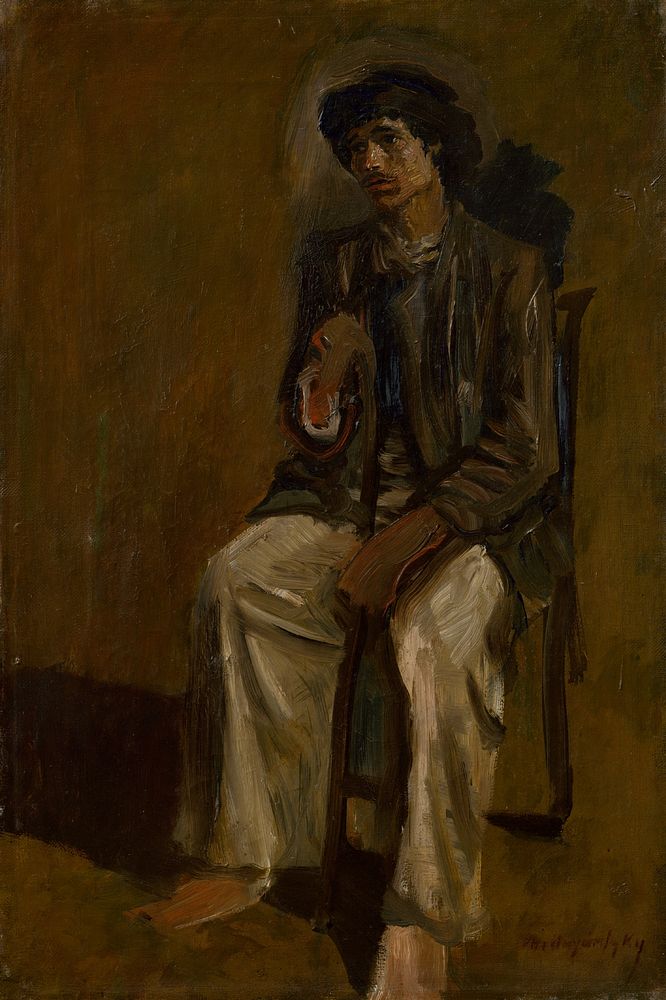 Seated gypsy with a staff by Ladislav Mednyánszky