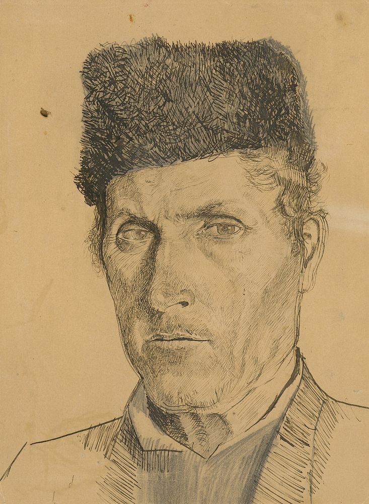 A man's head in a sheepskin coat by Ladislav Mednyánszky