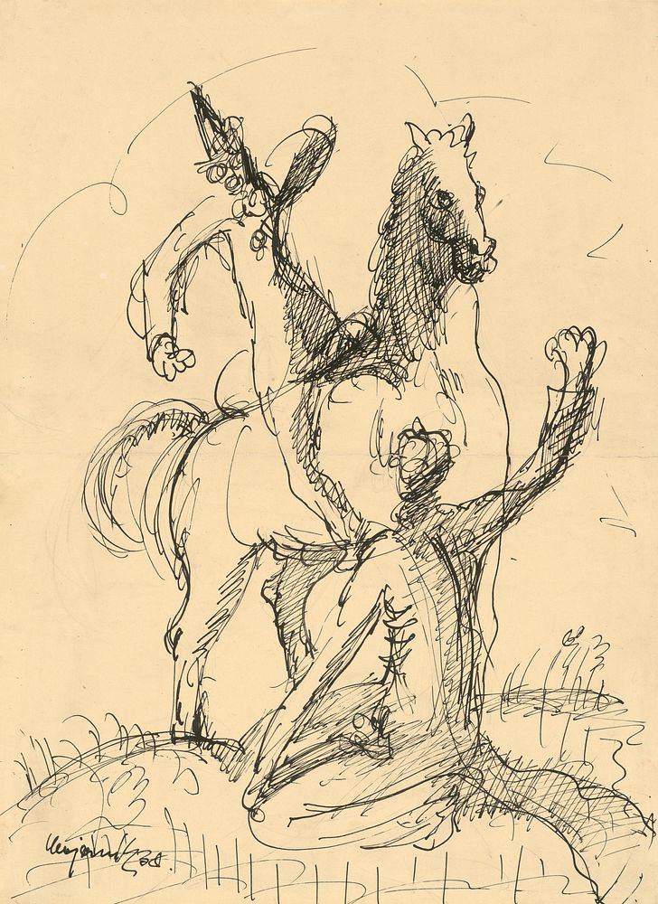 Two clowns with a horse by Cyprián Majerník