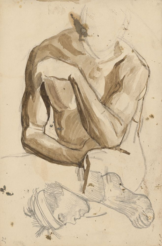 Sketch of seated male figure, male face and foot by Ladislav Mednyánszky