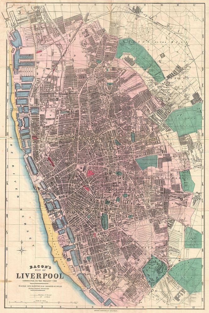 Pocket map of Liverpool, England (1890) by Bacon&rsquo;s scarce c.