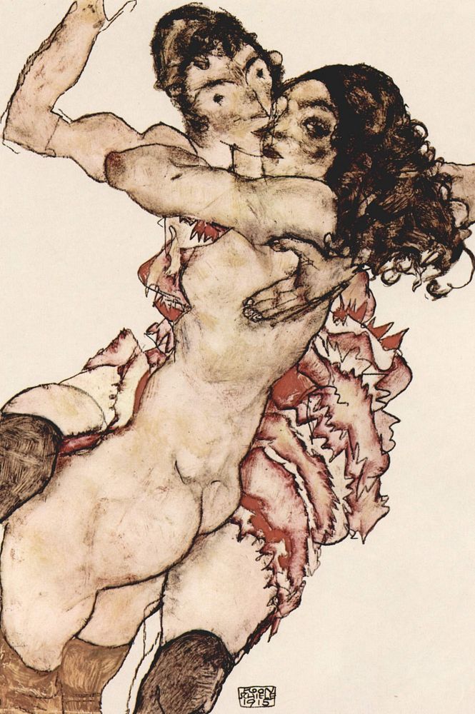 Pair of Women embracing each other (1915) watercolor by Egon Schiele.