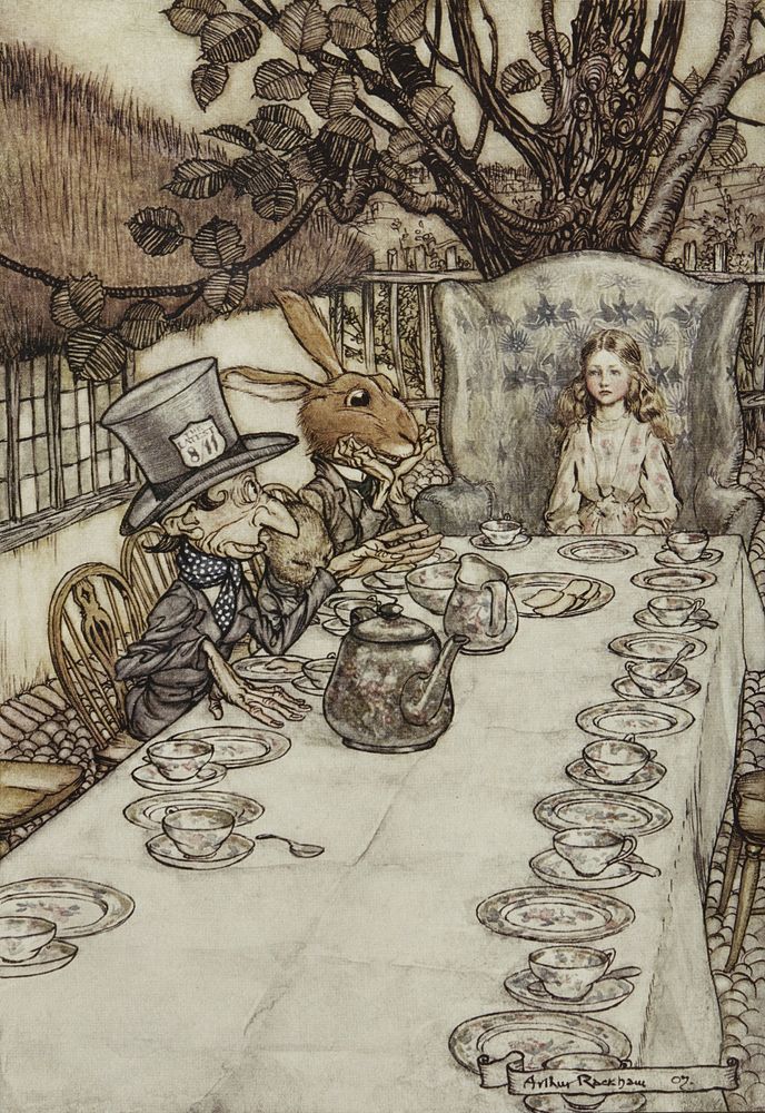 "A Mad Tea Party" from a 1907 edition of Alice's Adventures in Wonderland illustrated by Arthur Rackham.