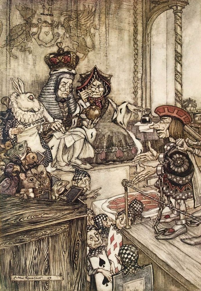 "Who stole the tarts?" from a 1907 edition of Alice's Adventures in Wonderland illustrated by Arthur Rackham.